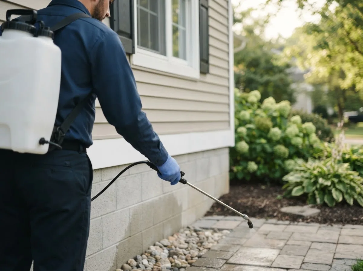Pest control technician inspecting a home in Stonewall, TX